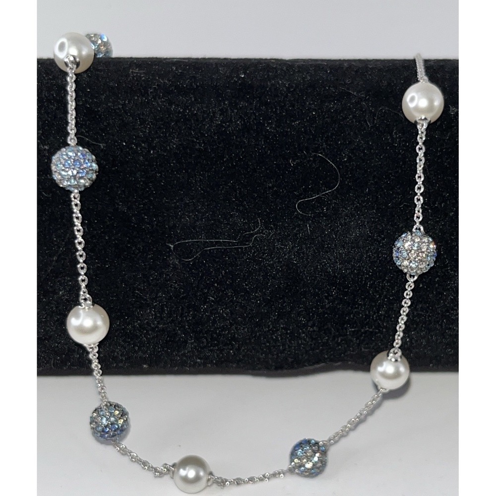 Silver-Tone Station Necklace with Faux Pearls & Blue Pavé Crystal Beads Polished